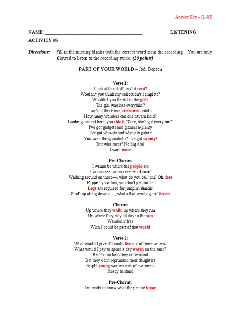 03 Listening Activity Part Of Your World (Answer Key) PDF