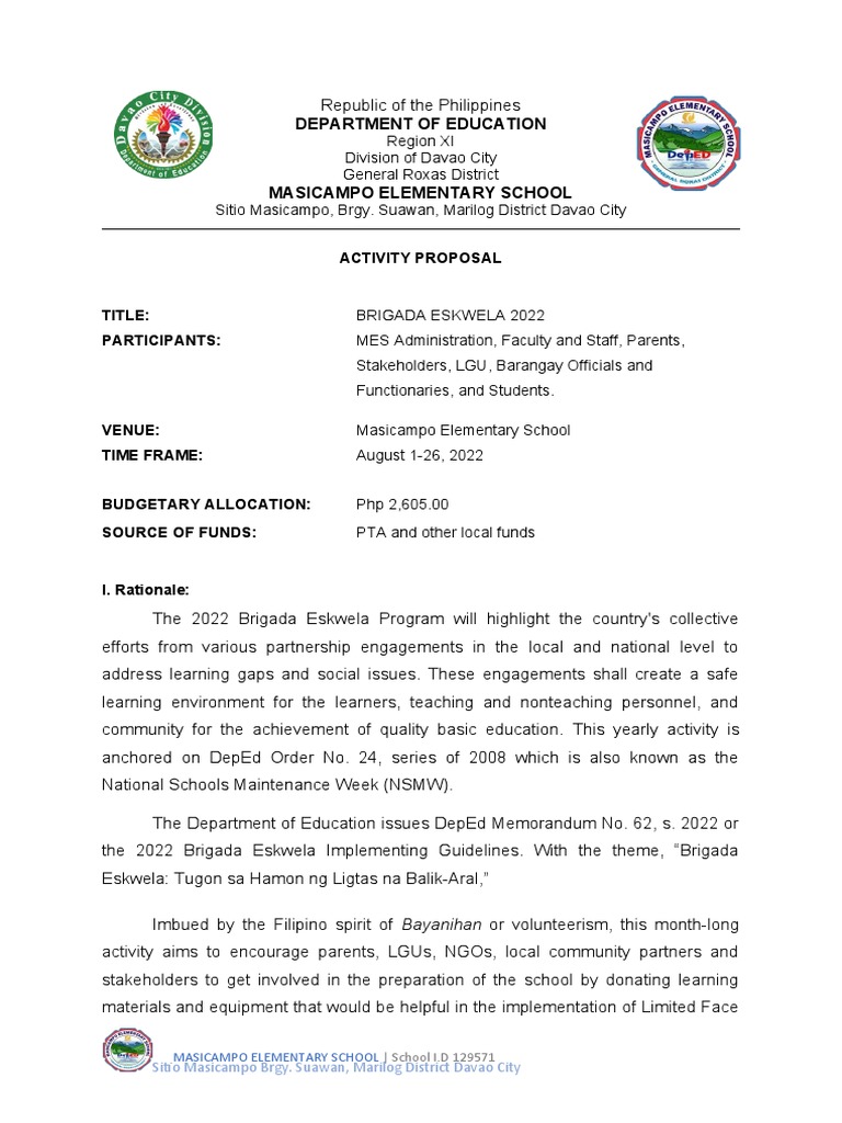 Brigada Eskwela 2022 Proposal Davao City | PDF