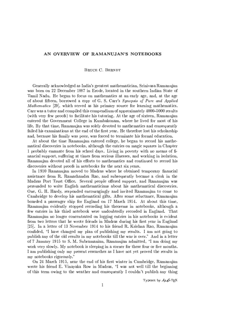An Overview of Ramanujan's Notebooks | PDF