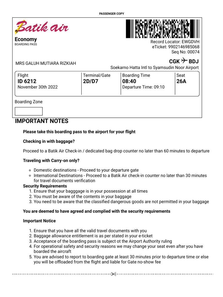 Flight Boarding Pass: CGK to BDJ | PDF