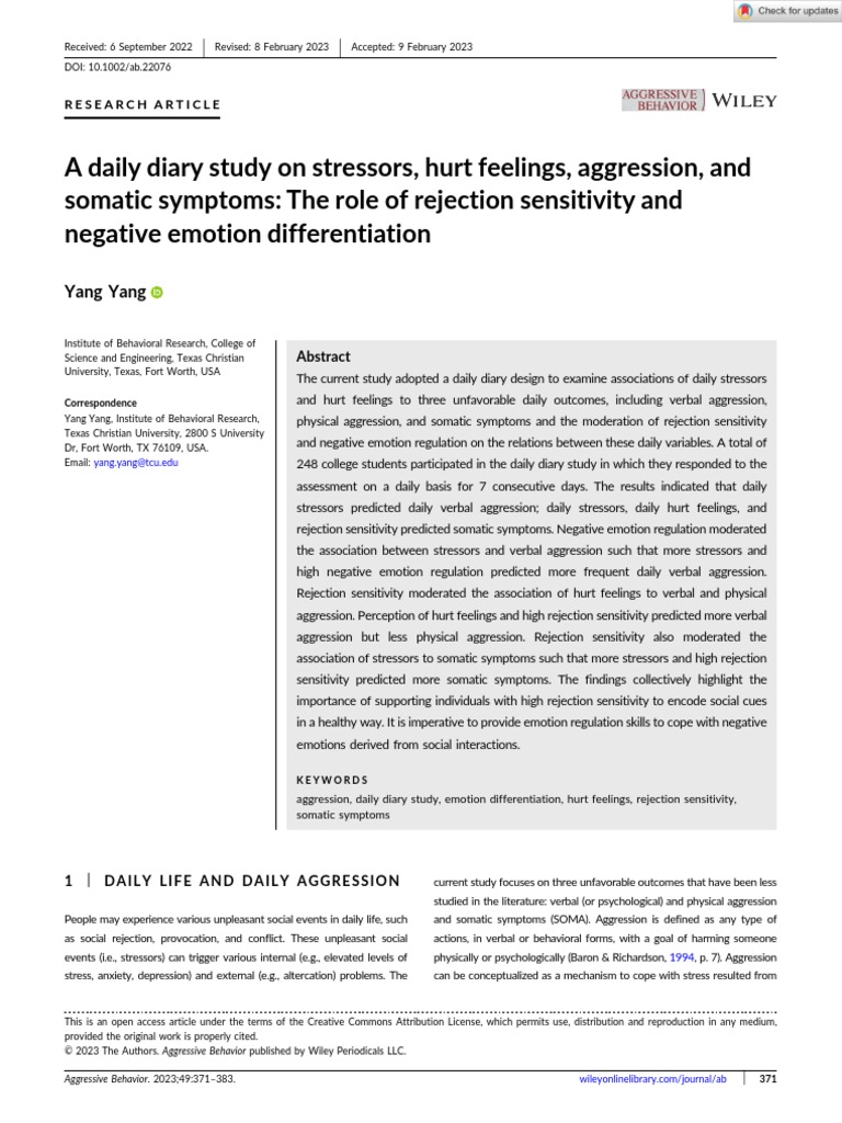 Aggressive behavior 2023 yang a daily diary study on stressors
