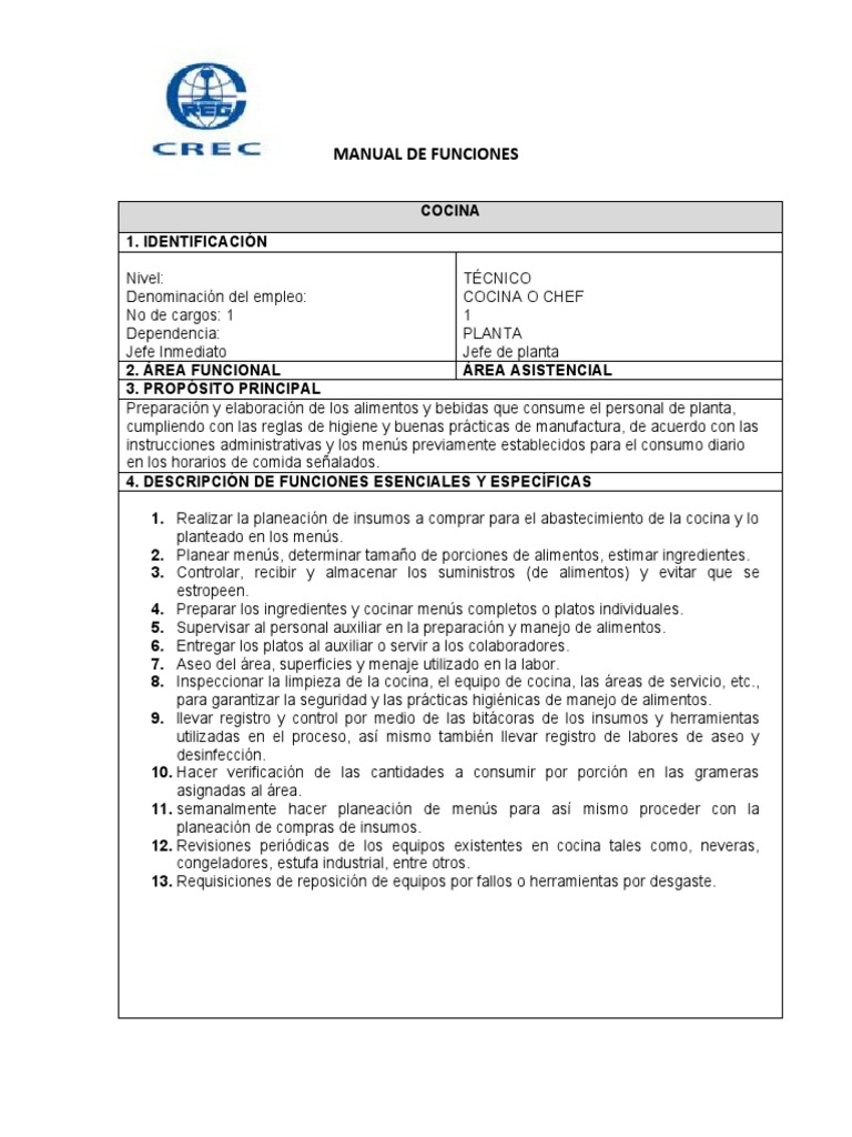 Funciones y Plan de Trabajo del Cocinero | PDF | Cocina | Alimentos