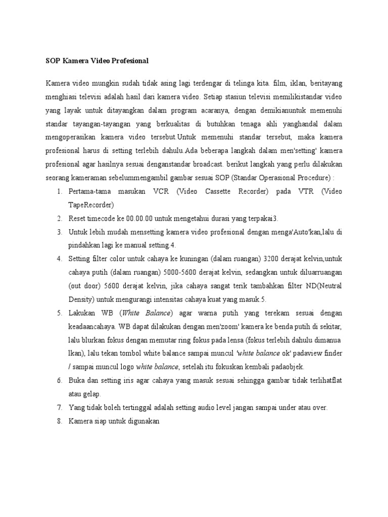 SOP Pengaturan Kamera Video Profesional | PDF