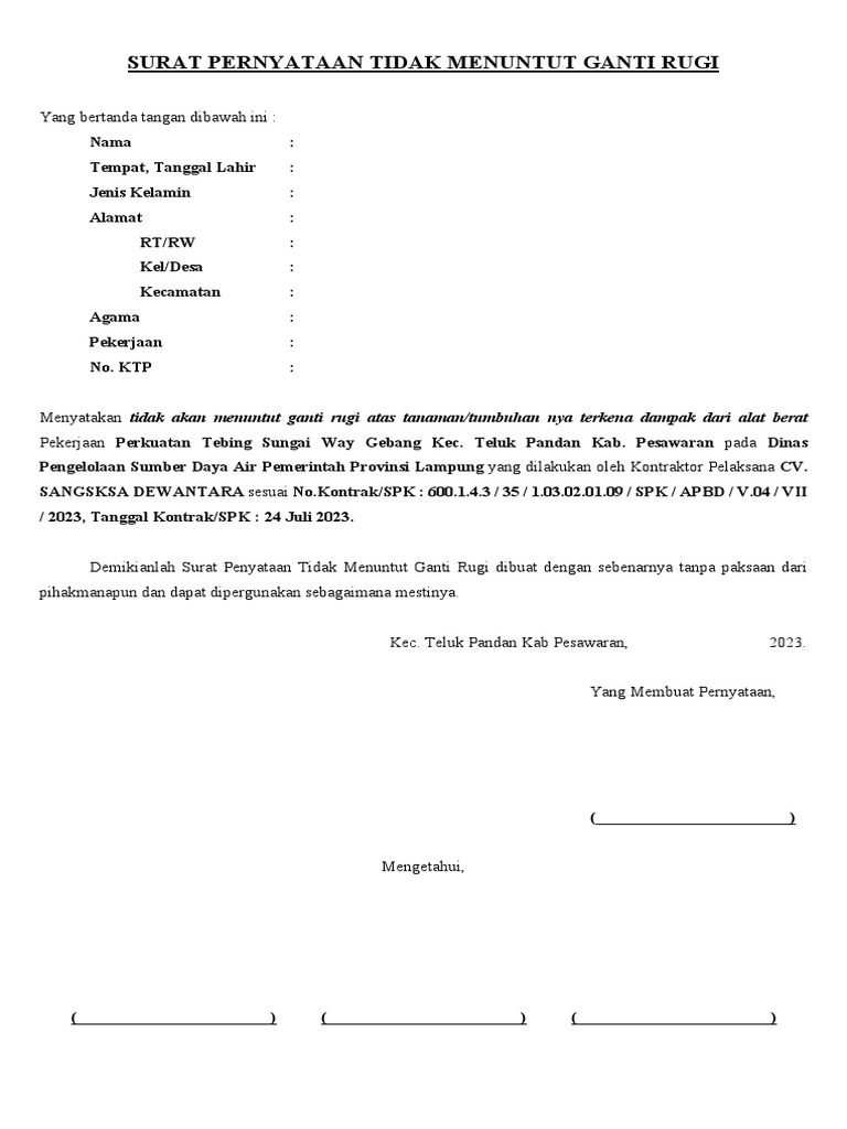 Surat Pernyataan Tidak Menuntut Ganti Rugi Pdf