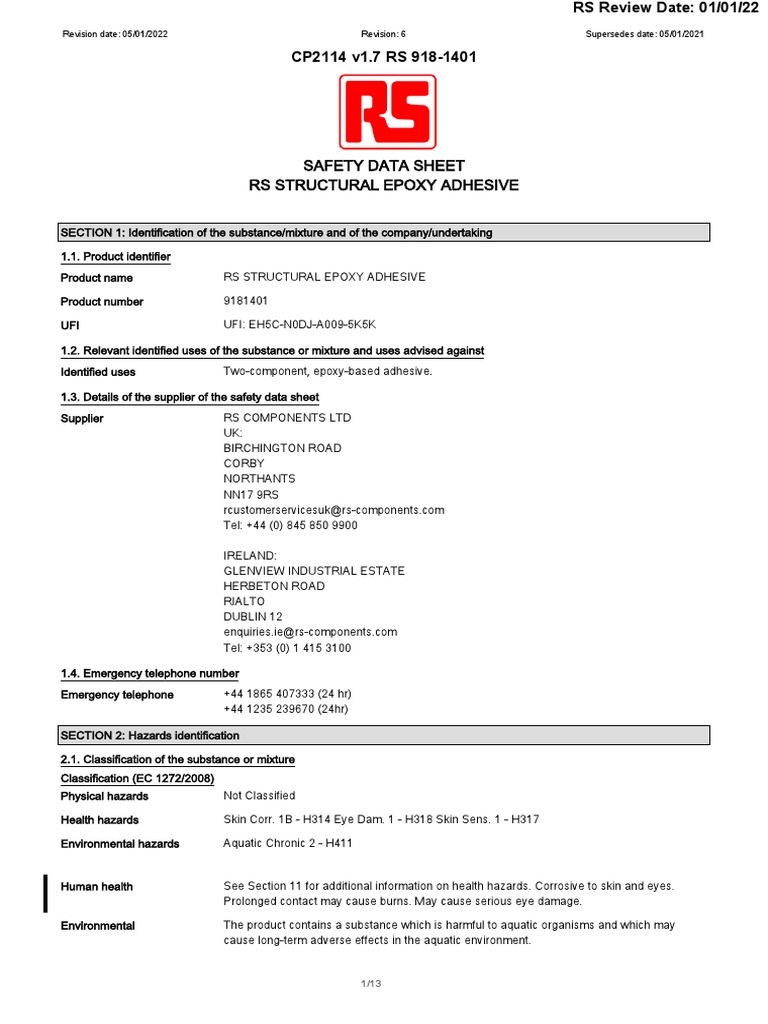 Safety Data Sheet Rs Structural Epoxy Adhesive Revision Date 05/01