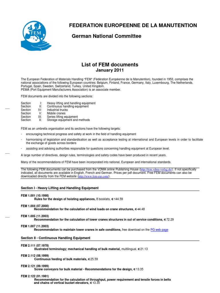FEM Standards for Material Handling | PDF | Crane (Machine) | Elevator