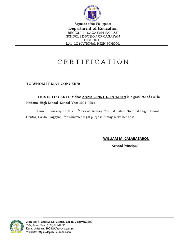 Certification of Graduation Examples | PDF