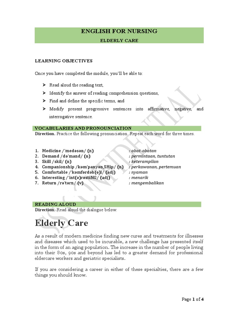 English for Elderly Care Training | PDF