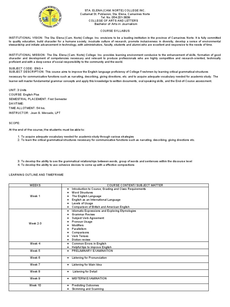 English Plus Course Syllabus | PDF | English Language | Reading ...