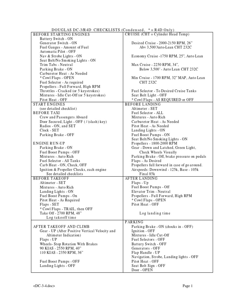 DC-3 Preflight and Operation Checklist | PDF | Brake | Carburetor