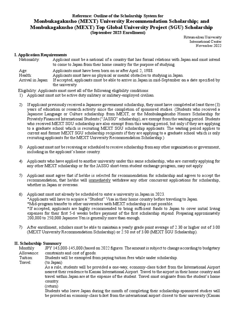 MEXT Scholarship Overview for 2023 | PDF | Doctorate | Academic Degree