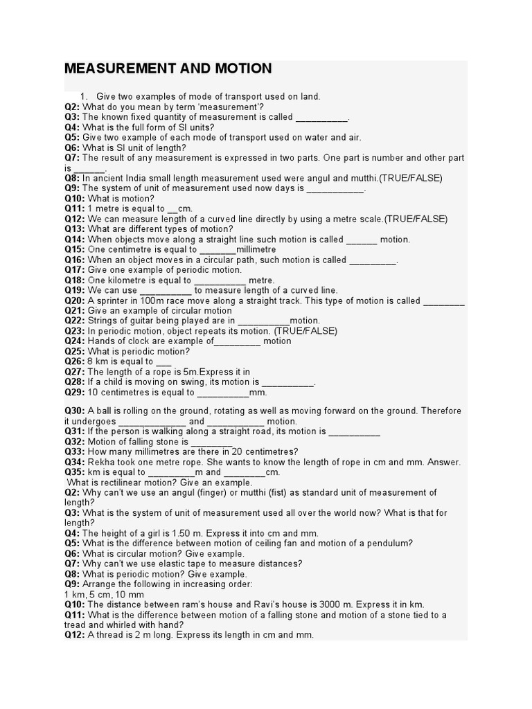 Measurement and Motion - Class 6 | PDF