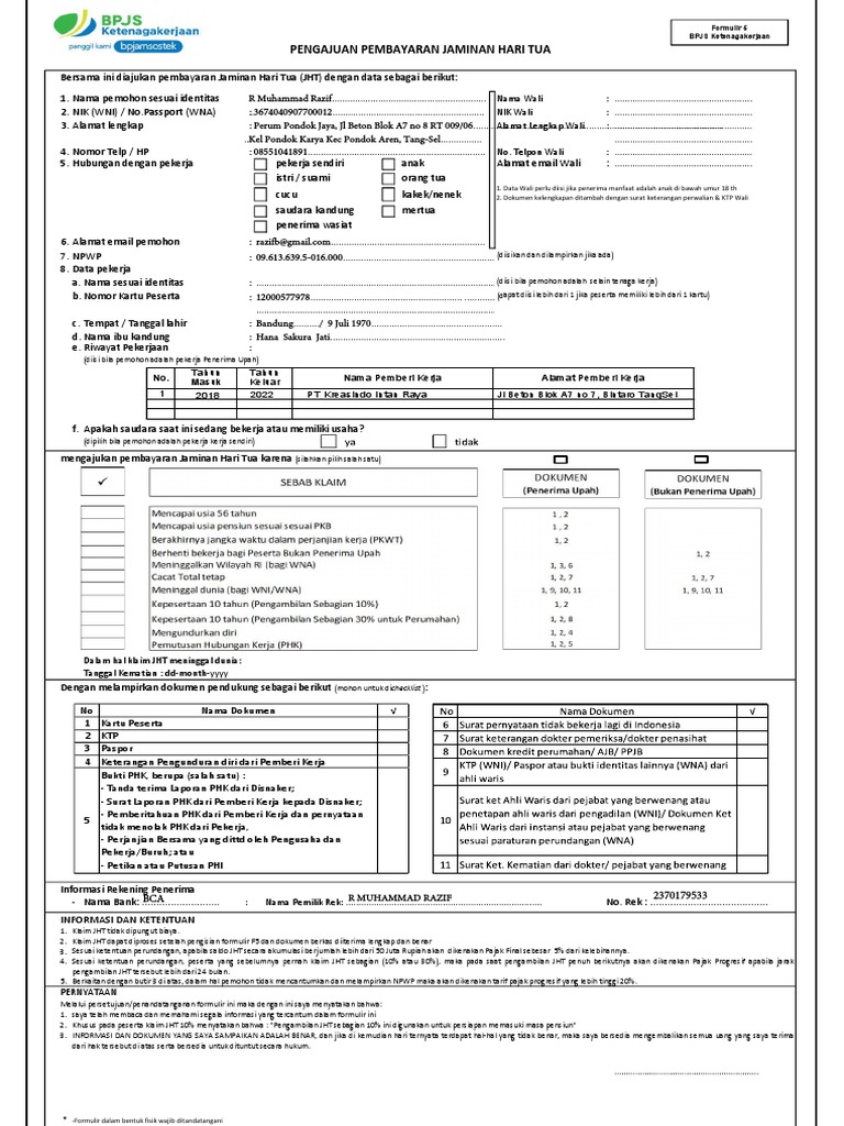 Form Pengajuan JHT | PDF