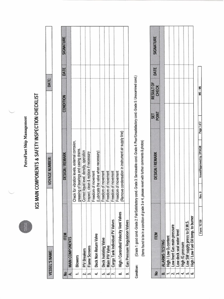 Form TC139 - Igs Main Compontant & Safety Inspection Checklist | PDF