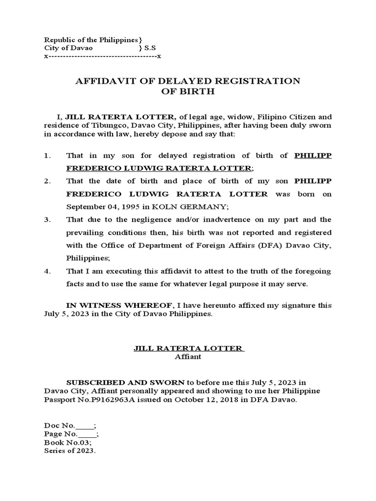 AFFIDAVIT OF Delayed Registration of Birth PDF