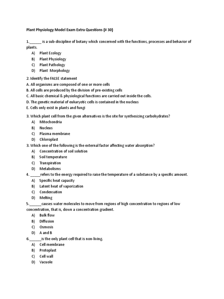 Plant Physiology Model Exam # 30 Questions | Download Free PDF | Stoma ...