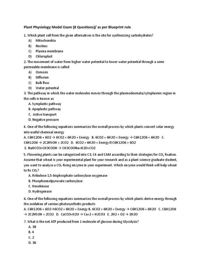 Plant Physiology Model Exam (8 Questions) - 2023 | PDF