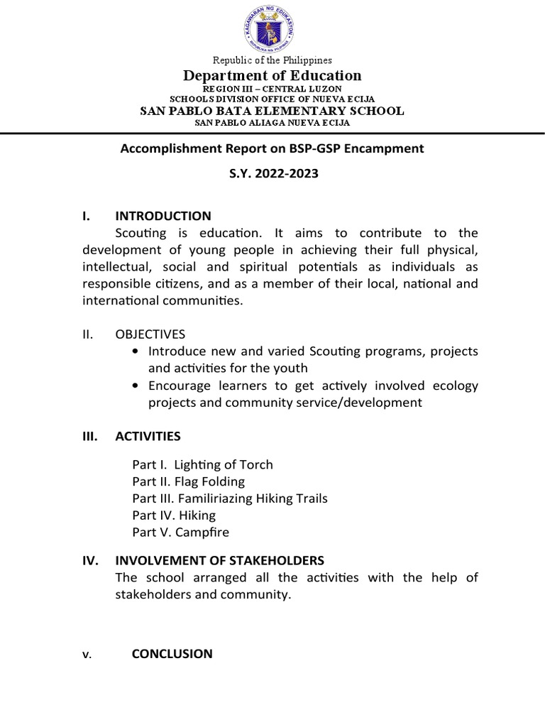 BSP-GSP Encampment Accomplishment Report | PDF | Scouting | Outdoor ...