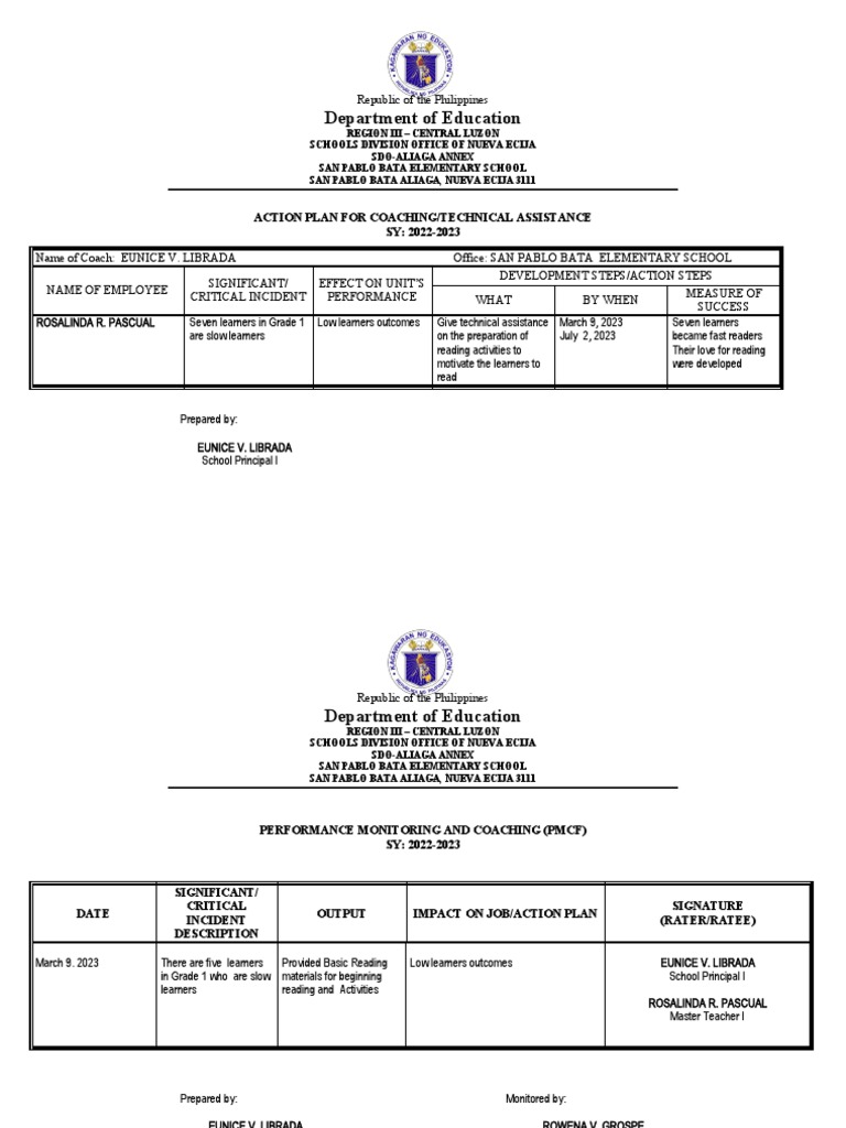 PMCF and Action Plan For Teachnical Assistance 2022 2023 | PDF ...