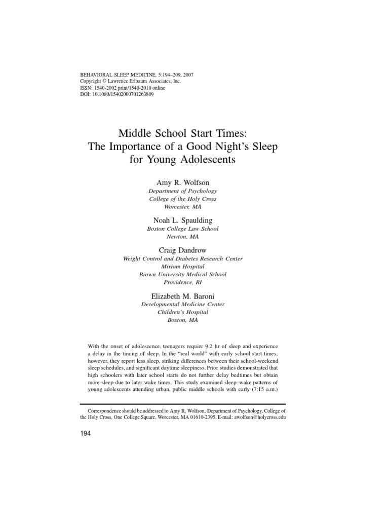 Middle school start times the importance pdf sleep adolescence