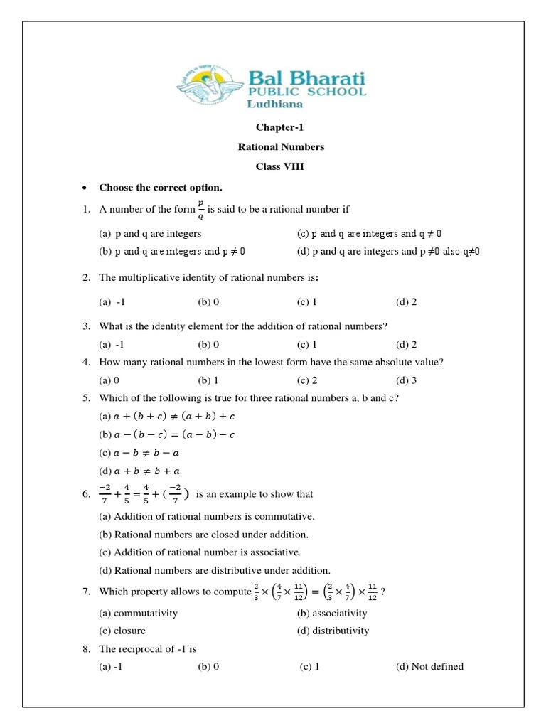 Class 8 MCQs on Rational Numbers | PDF | Rational Number | Multiplication