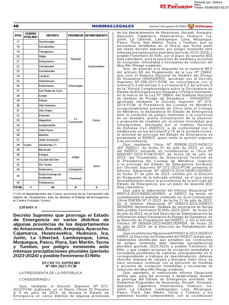 Decreto Supremo Que Prorroga El Estado de Emergencia en Vari Decreto ...