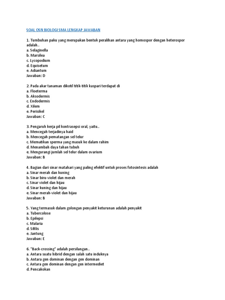 Soal Soal Osn Biologi Sma