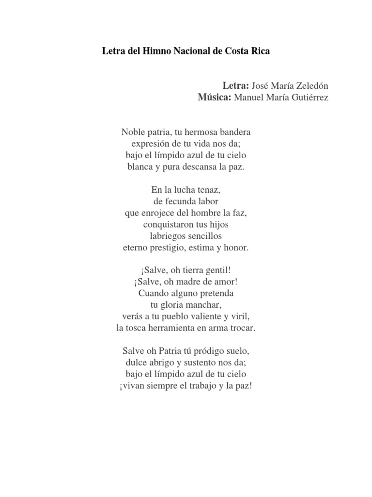Letra del Himno Nacional de Costa Rica | PDF
