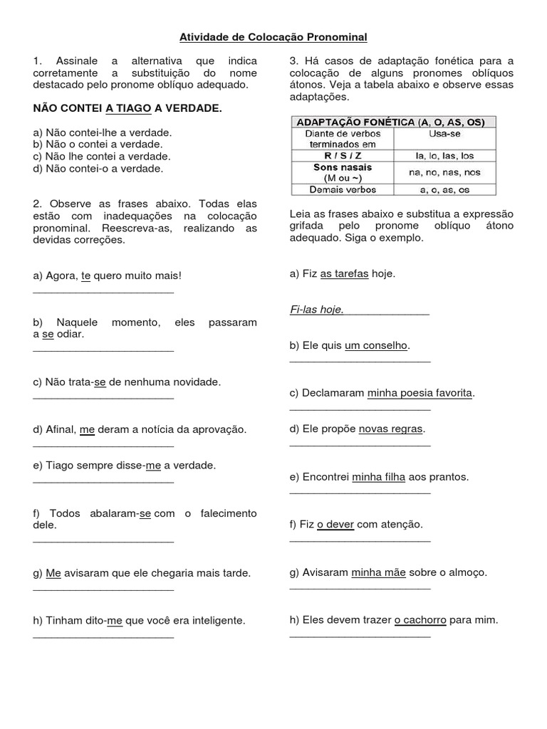 Atividade de Colocação Pronominal Prática | PDF | Pronome