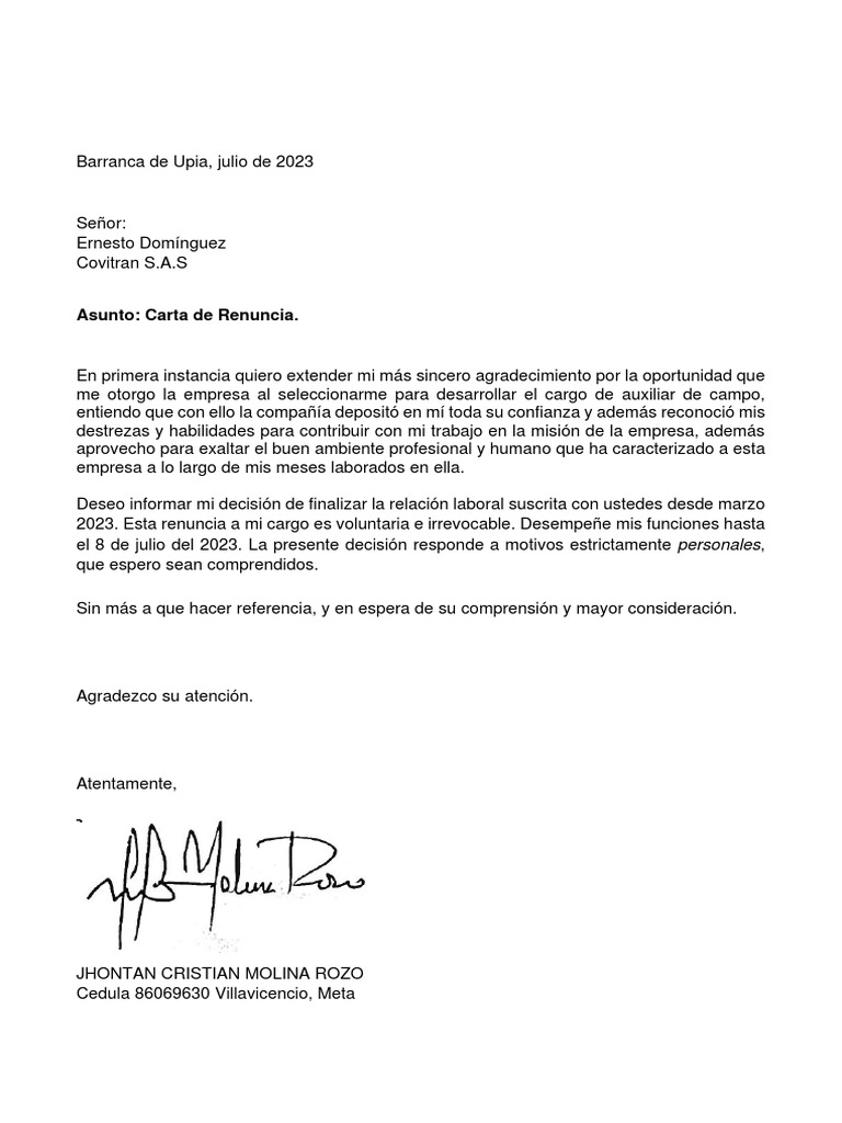 Carta de Renuncia Cristian Rozo | PDF | Finanzas y dinero | Derecho