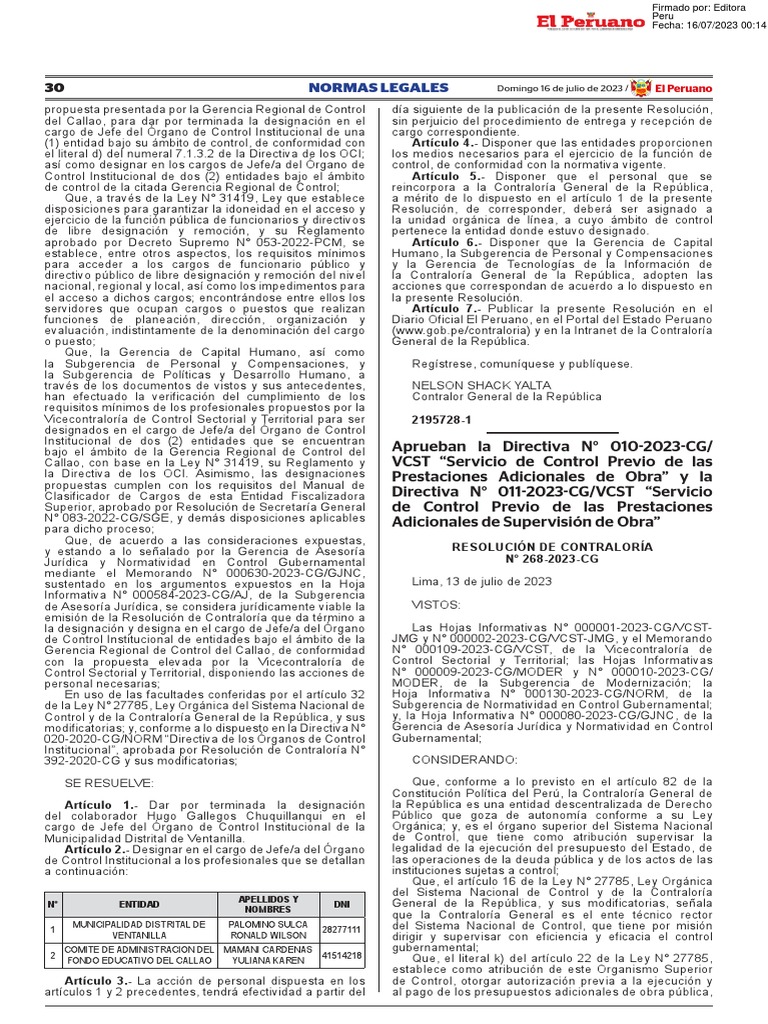 Aprueban La Directiva N 010 2023 CGVCST Servicio de Contr Resolucion N