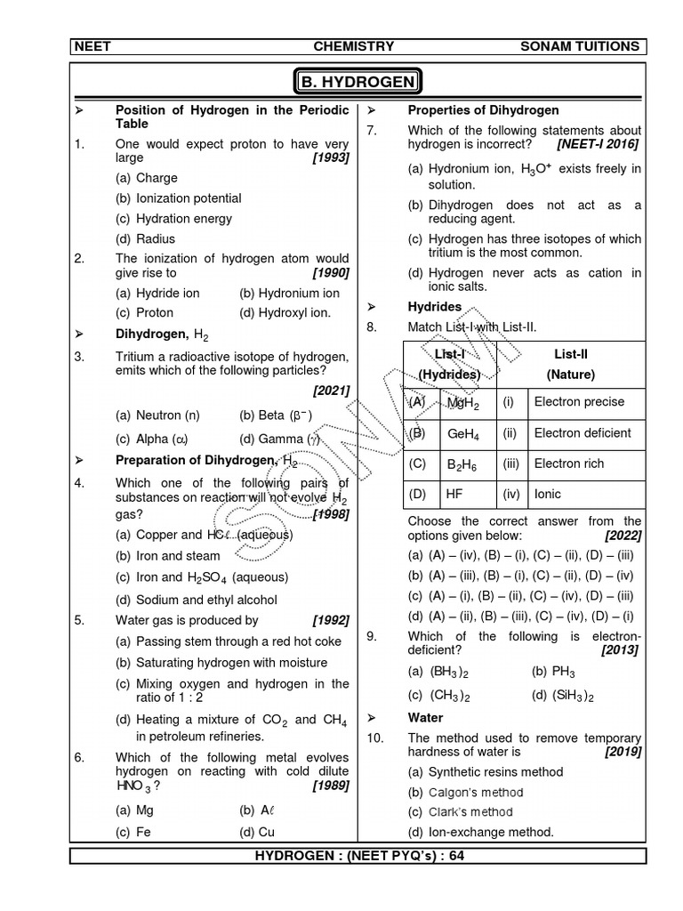 B hydrogen neet pyq solution pdf