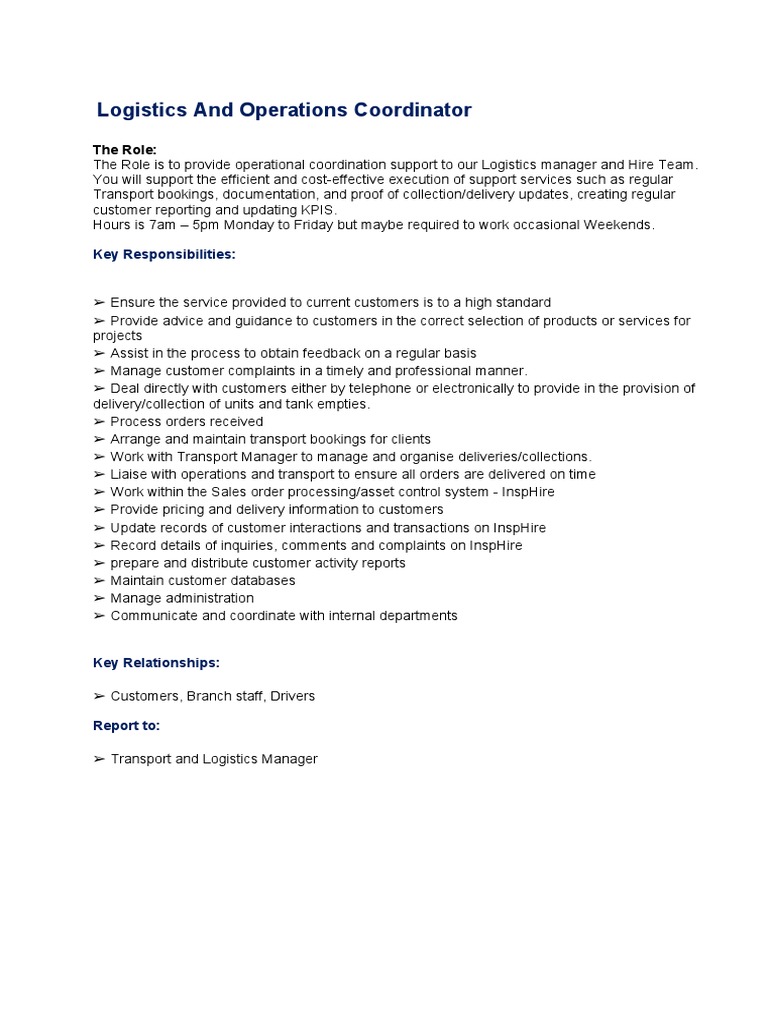 Logistics and Operations Coordinator Role | PDF | Career & Growth ...
