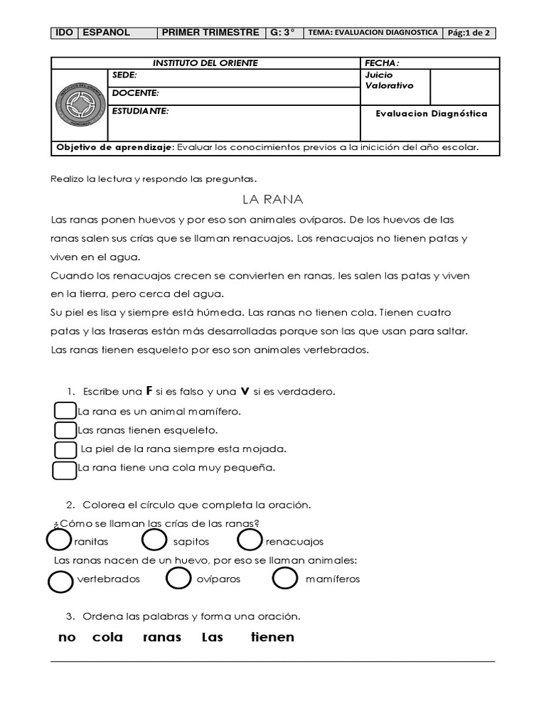 Copia de Evaluacion diagnóstica de español grado tercero | PDF