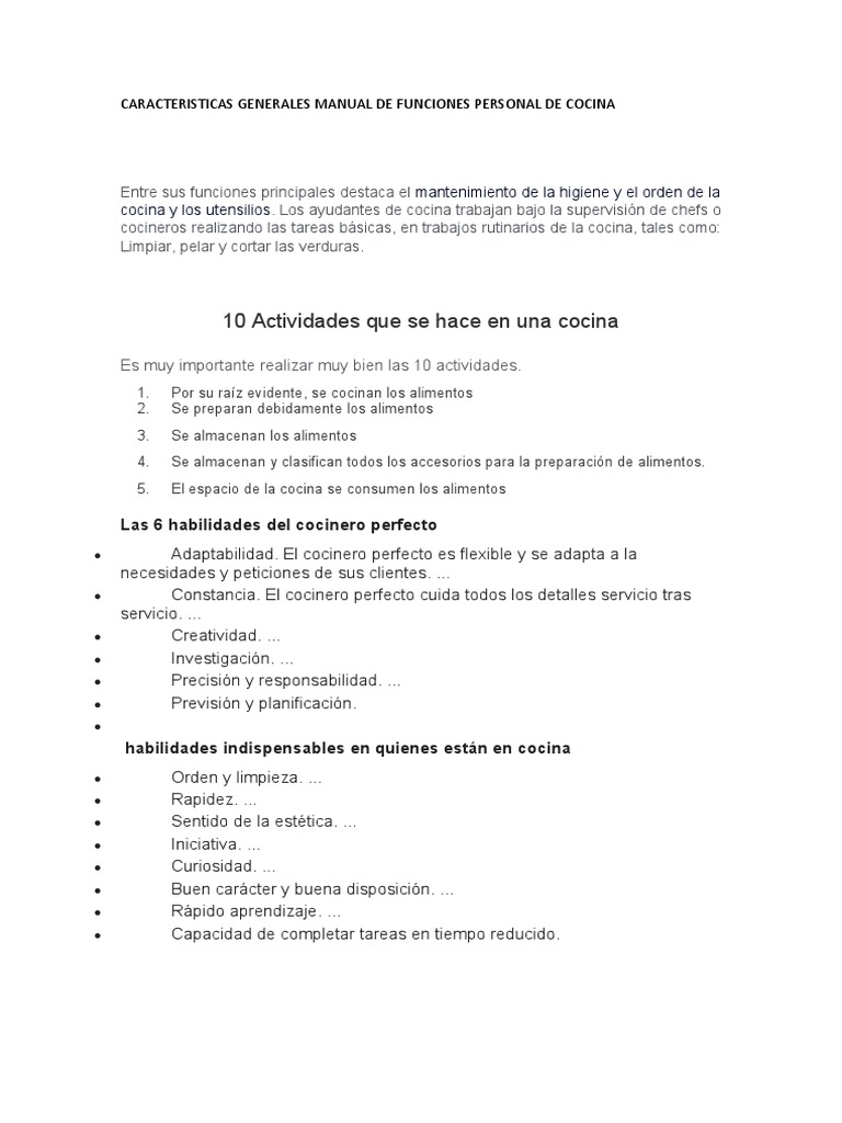 Funciones del Personal de Cocina | PDF | Cocina, comidas y vino