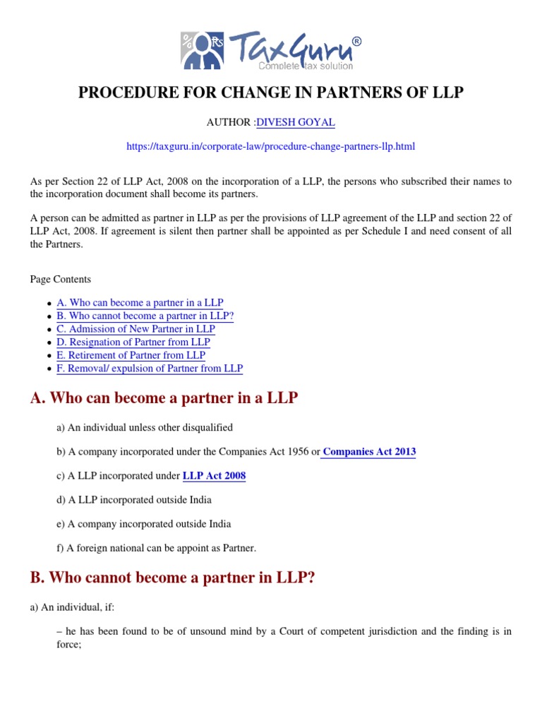 Procedure for change in partners of llp taxguru in pdf limited