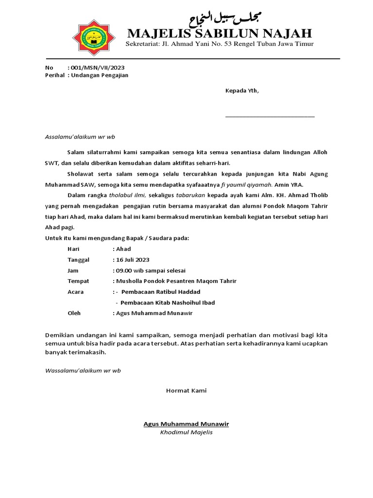 Undangan Pengajian Majelis Sabilun Najah | PDF