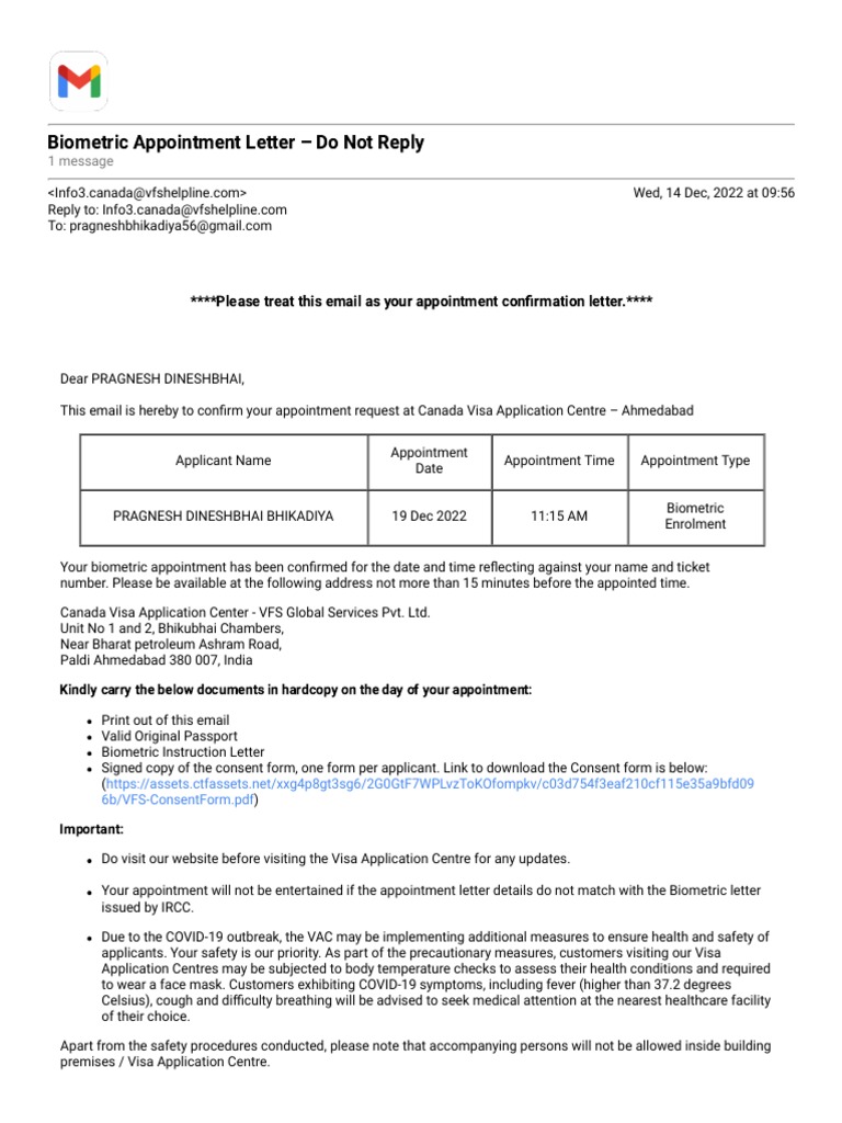 Gmail Biometric Appointment Letter Do Not Reply PDF