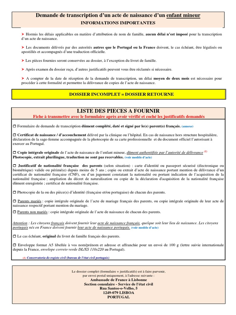 Demande de transcription acte de naissance mineur | PDF | Certificat de ...
