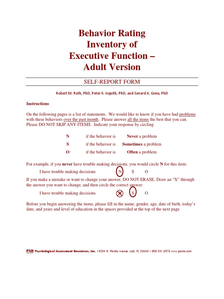 Executive Function Behavior Rating Form | PDF | Self-Improvement