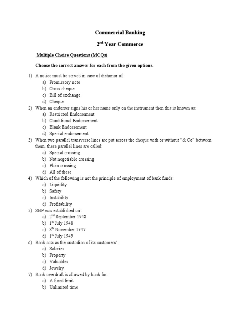 Commercial Banking MCQs PDF Securities (Finance) Bonds (Finance)