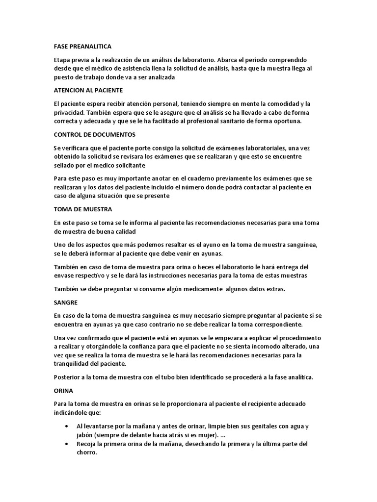 Fase Preanalitica Pdf Laboratorios Baño
