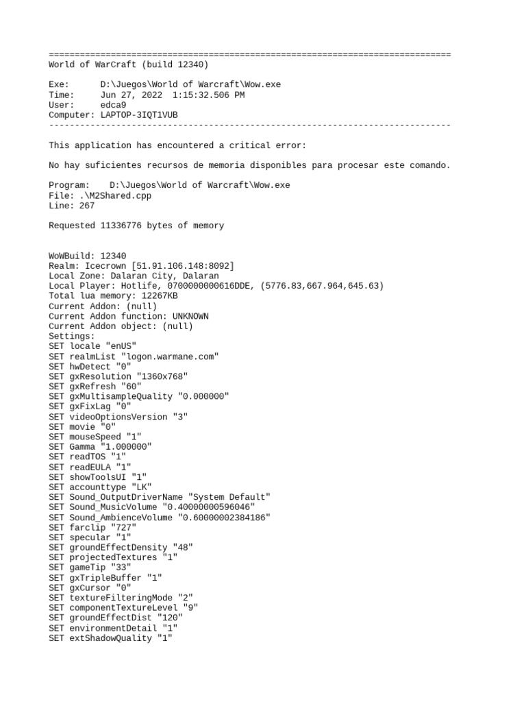 WoW Critical Error: Memory Resources Low | PDF | Software | Computer ...