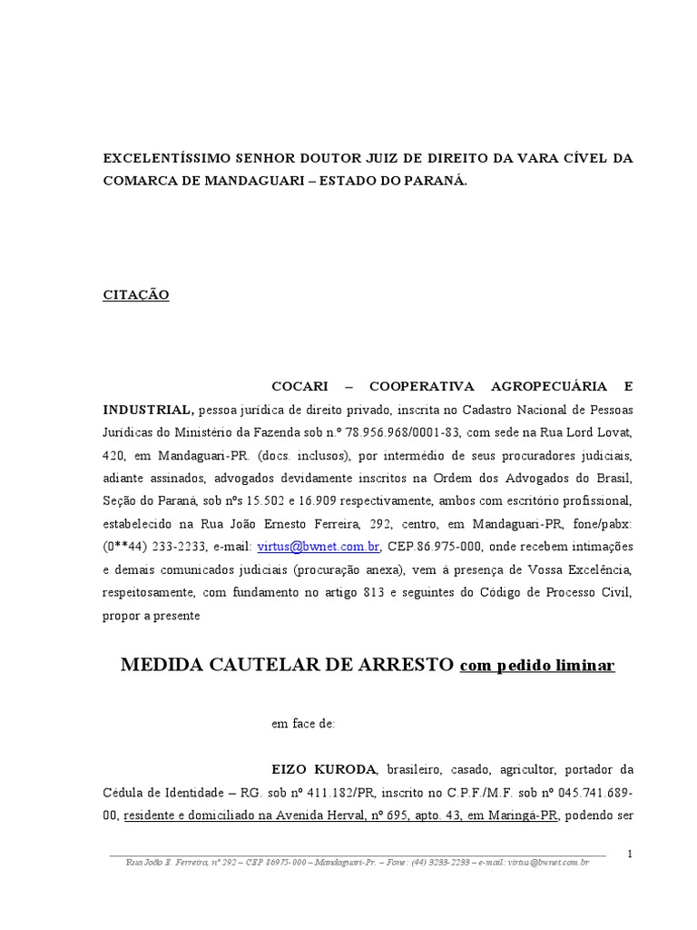 Ação Cautelar Arresto - Modelo | PDF | Injunção | Conceitos jurídicos