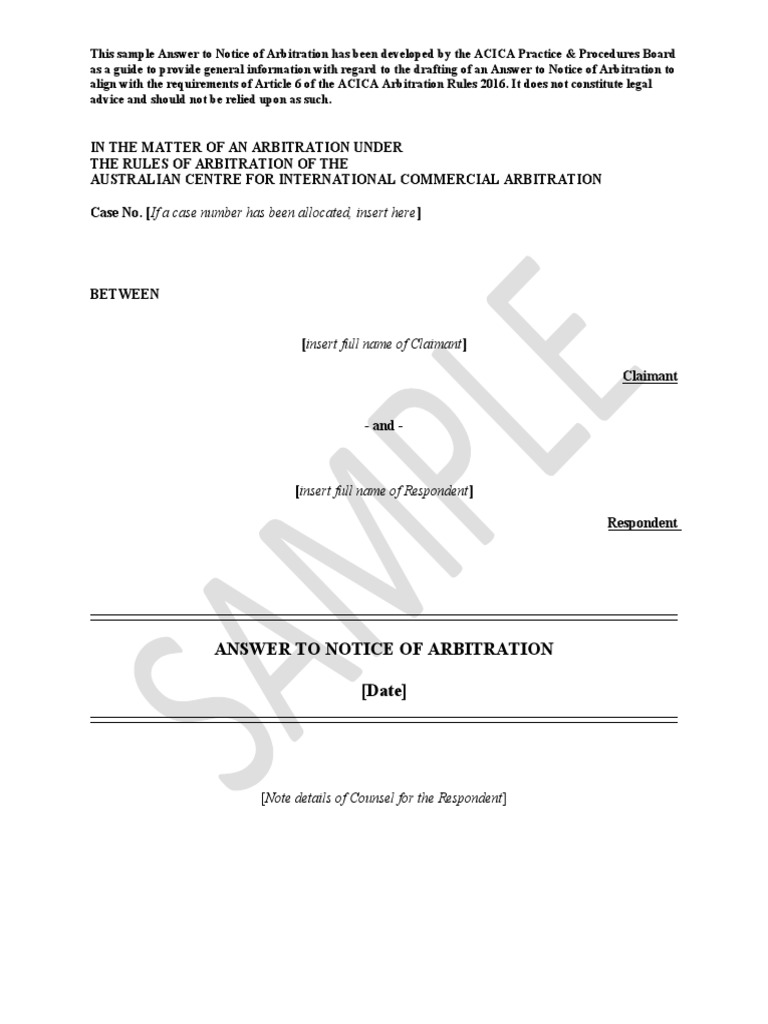 Sample ACICA Arbitration Response Guide | PDF | Arbitral Tribunal ...