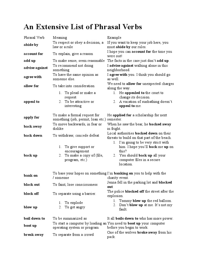 B2 Extensive List Of Common Phrasal Verbs Pdf