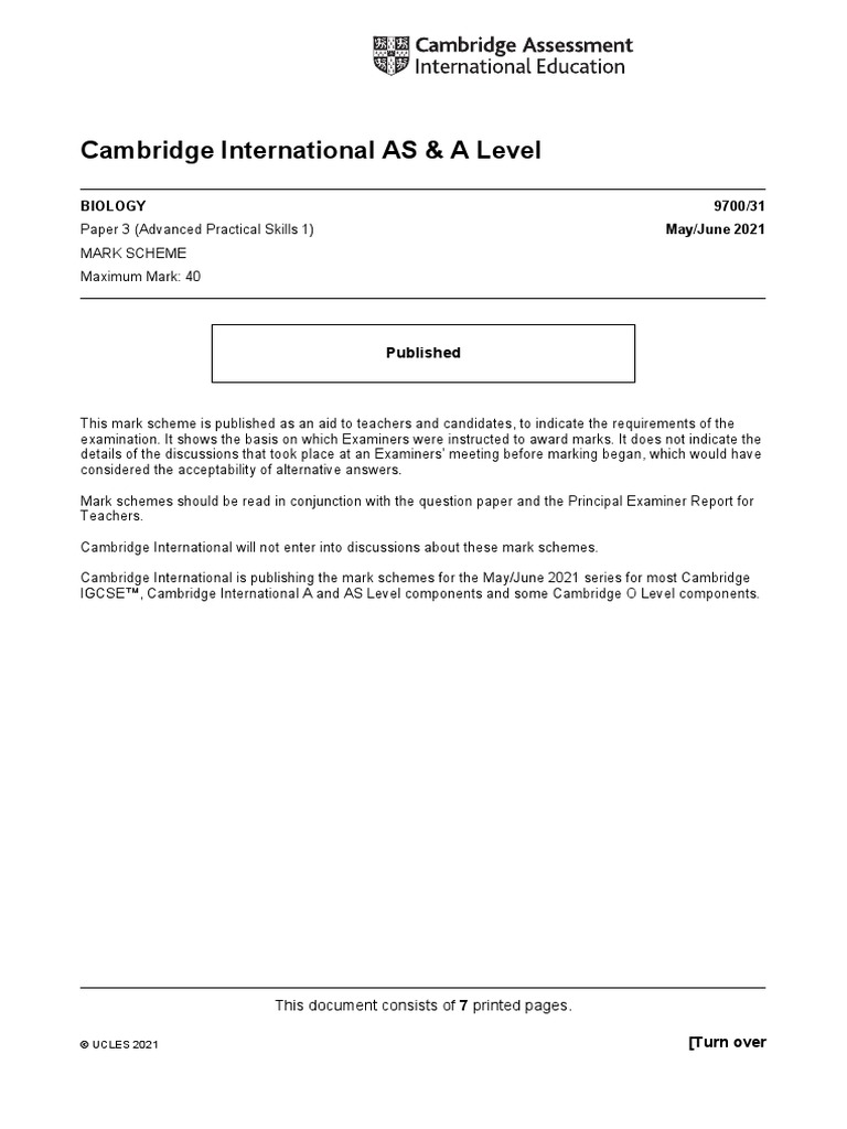 June 2021 Mark Scheme Paper 31 | PDF | Question