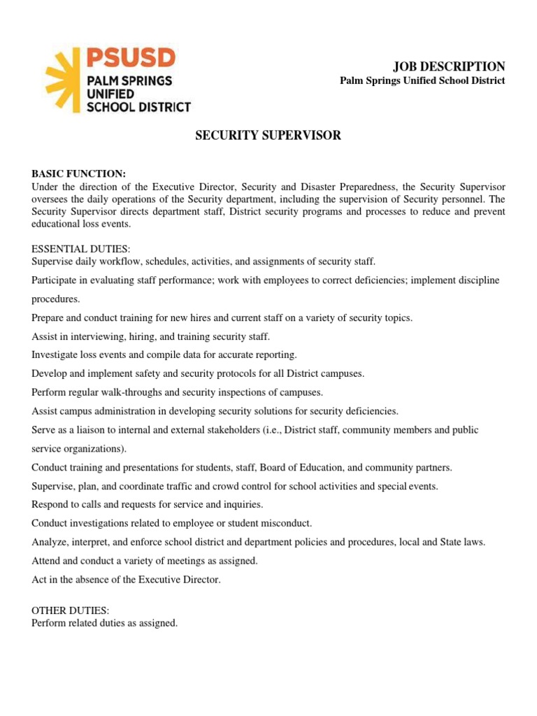 Security Supervisor Job Overview | PDF | Securities | Computer Security