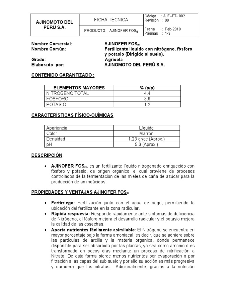 Ficha Tecnica Ajinofer Fos | PDF | Fertilizante | Nitrógeno