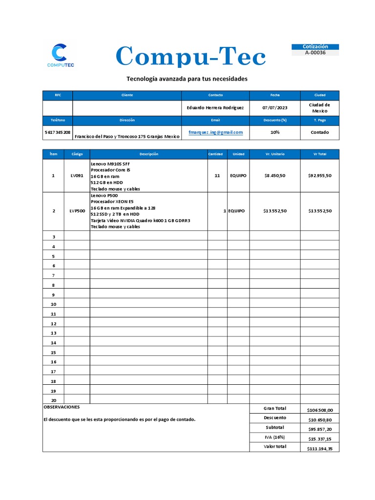 Cotización de Equipos de Cómputo | PDF | Computación personal | Clases ...